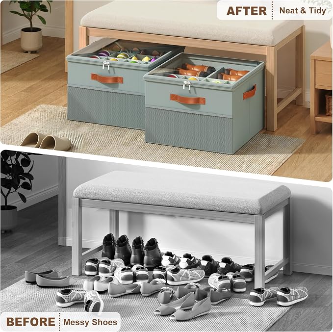 Shoe Organizer for Closet,2 Pack Foldable Shoe Storage Organizer Box Bin with Adjustable Dividers and Clear Cover, Fits up to 16-32 Pairs（Grey）