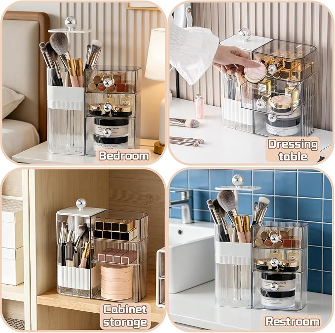 PET Makeup Organizer with Press Pop-Out Compartment & 3 Drawers, Clear Cosmetic Storage Box for Vanity Countertop, Bathroom Small Item Organization