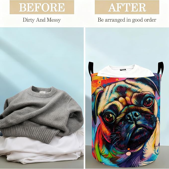 Colorful Pug Dog Laundry Basket Hamper for Boys Girls Kids Adults, Foldable Waterproof Oxford Clothes Storage Bin, Pop Art Pet Organizer for Bedroom Bathroom Room Decor 19.7"x15.8"