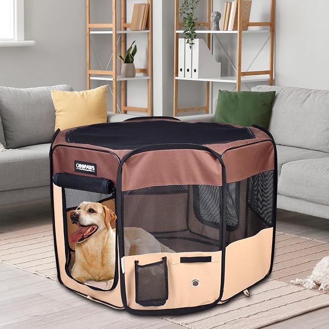 Jespet Soft Dog Playpen, Portable Pet Exercise Pen Kennel with Carry Bag | 2-Door, Easy to Fold, Ground Stakes, Zipper Locks, Large Storage Pocket, Washable Top Mesh Cover & Bottom Cover