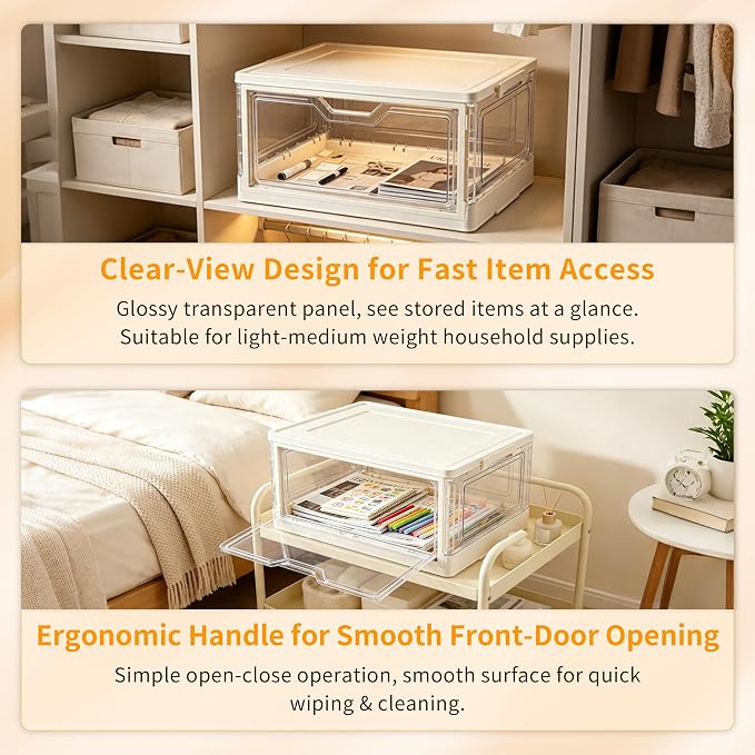 Collapsible Storage Bins with Lid, Clear Stackable Organizer Box, 15.35" x 11.02" x 8.66", for Clothes, Books, Snacks (2-Tier)