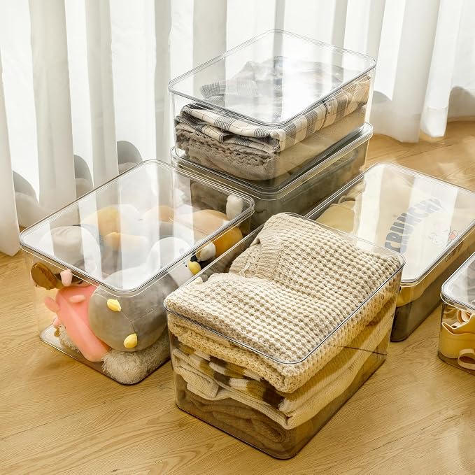 4-Piece Set,Plastic Clear Storage Bin with Lid,Large Storage Containers,Lidded Storage Boxes for Books, Clothes, Toys, Cabinets (clear 4XL)