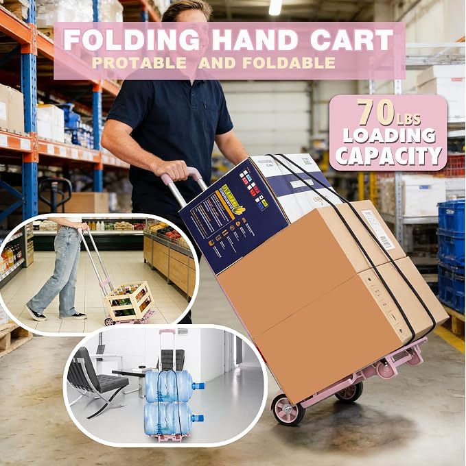 Folding Dolly Pink Hand Cart,Folding Hand Truck Aluminum Trolley | Small Dolly, Foldable Hand Cart 2 Wheel Luggage Trolley Expandable Large Chassis Foldable into Backpack Car Trunk