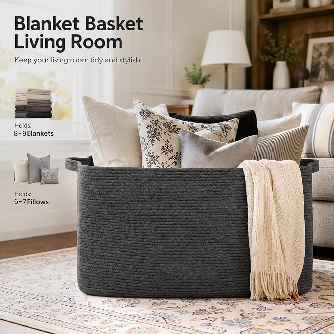 OIASKET 108L Extra Large Blanket Basket Living Room, 24.8" x 16.2" x 16.2" | Rectangle Woven Laundry Hamper, Nursery Blanket Storage Living Room, Toy Storage With Handle, Large Baskets for Organizing