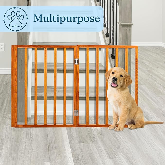 Pet Gate - 3-Panel Indoor Foldable Dog Fence for Stairs or Doorways - 54x24-Inch Retractable Wood Freestanding Dog Gates by PETMAKER (Mahogany) | Foldable Dog Fence with Accordion Design, Wooden Safety Pet Fence for Stairs, Hallways, Doorways, and Porch
