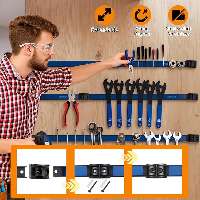 18" Magnetic Tool Holder Strip, 6 Pieces Blue Metal Tool Organizer Rack with Stainless Steel Surface, Magnet Bar for Garage Workshop, Easy To Install with Mounting Screws
