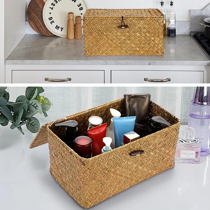 Hipiwe Wicker Shelf Baskets Bin Handwoven Seagrass Storage Basket with Lid | Rectangular Household Basket Boxes for Shelf Wardrobe Home Organizer, Caramel Medium