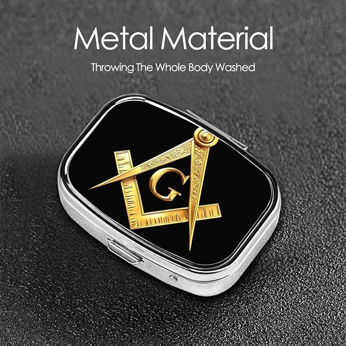 Gold Freemason Freemasonry Masonic Pill Organizer Travel Portable Compact Pill Box 2 Compartments Pill Case for Vitamins/Fish Oil/Meds for Purse Pocket