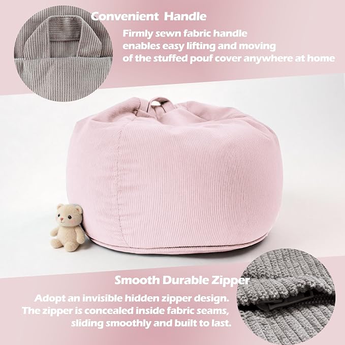 LPMOERA Stuffed Animal Storage Soft Bean Bag Chair Cover No Filler Pink | Skin-Friendly,Portable,Wide Easy-Load Opening,Hidden Zipper,Decorative Organizer