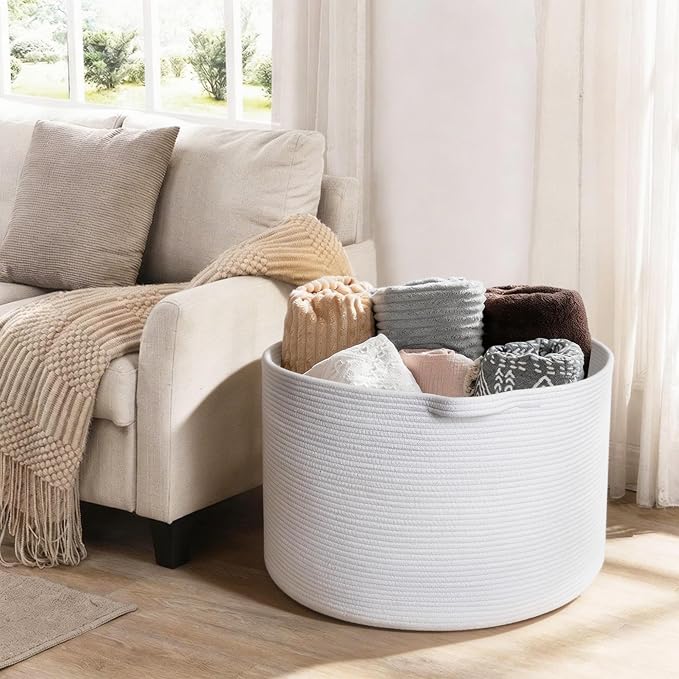 White Cotton Rope Storage Basket, 22" X 22" X 14" Extra Large Blanket Storage Living Room, XL Soft Toy Bin for Organizing, Woven Baby Laundry Basket with Handle, White Wicker Hamper Nursery