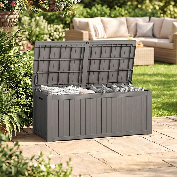 230 Gallon Outdoor Storage Box Waterproof Deck Box for Patio | Gray, Resin, Large, Weatherproof, Divider, Lockable, Hydraulic Rod, Easy Assembly, Patio Cushions Storage, Organization