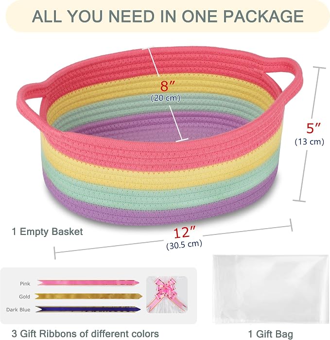 COMSE Empty Small Gift Basket with Bag & Ribbons, Rainbow | Cotton Rope, 12"x 8"x 5", Baby Toy Organizer, Stores Small Items for Bedrooms, Nurseries, Bathrooms, Living Rooms, Offices
