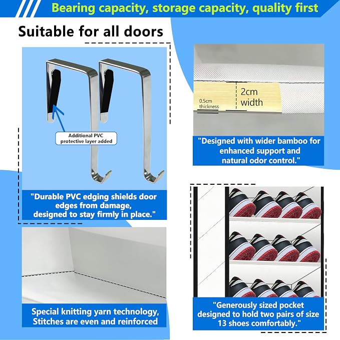 10 Tiers Shoe Organizer for Closet, 20 to 30 Pairs Shoe Rack Door | Extra Deep Pockets Over the Door Shoe Organizer for Dorm and Back Door, Heavy Duty Anti-Scrath Hanging Hooks Shoe Storage