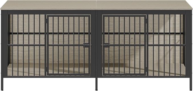80'' Double Dog Crate Furniture for 2 Dogs, Large Dog Kennel Furniture Indoor as TV Stand, Wooden Dogs Cage Heavy Duty Kennel End Side Table for Living Room, Large & Medium Dogs, Grey