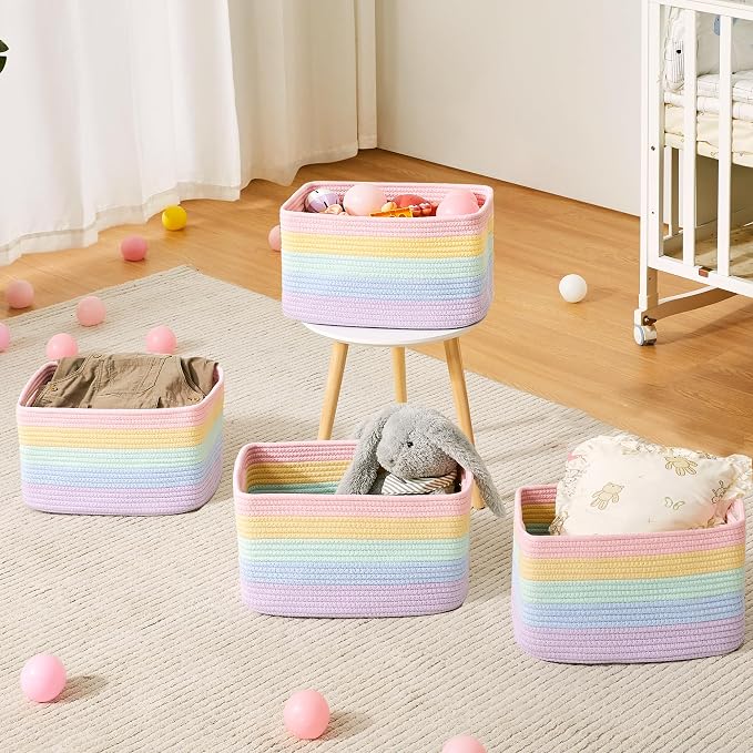 Rainbow Rope Basket for Shelves Storage Bins for Toys 4 Pack | Woven Rectangle Storage Basket for Baby Girl Nursery Toy Storage for Playroom, Classroom, or Girls' Room 12.7"L x 9"W x 7.8"H