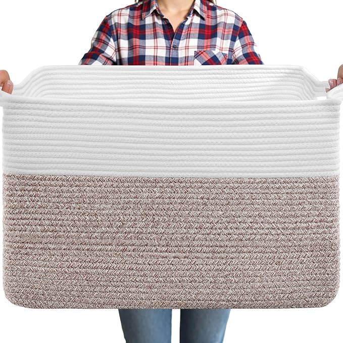 75L Large Blanket Storage Basket with Handles - White & Brown | Extra-large clothes storage bin. Soft cotton, foldable, washable.Holds blankets, pillows for living room, bedroom, dorm.
