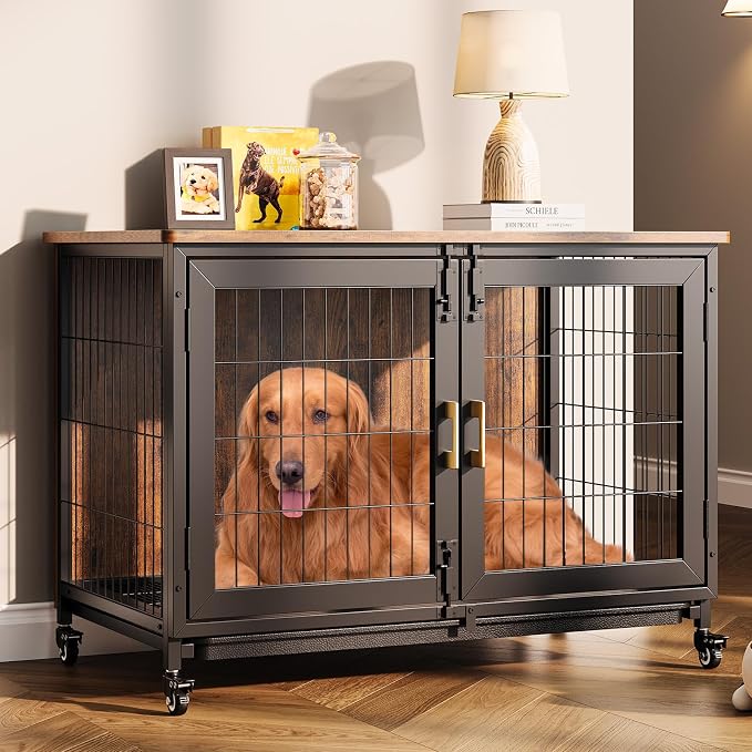 GarveeLife 37.5 in Dog Kennel Furniture, Heavy Duty Dog Crate Furniture with Wheels, Grid Base, Removable Tray, Latches, Indoor Farmhouse Dog Cage for Medium and Small Dogs, Brown
