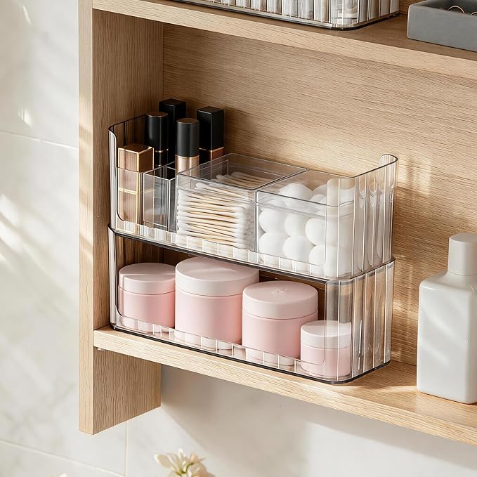 Medicine Cabinet Organizer, 2-Tier Stackable Makeup Organizer with Lipstick Holders & Cotton Swab Containers for Bathroom, RV,Mirror Cabinets, Vanity, Closet & Countertop