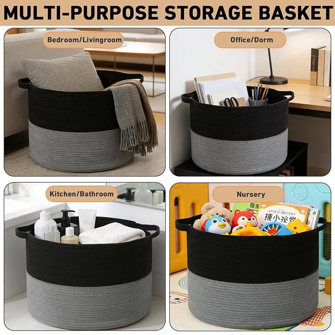 90L Extra Large Blanket Basket,Woven Laundry Basket-Black&Dark Grey | Collapsible, reinforced handles, nursery storage bin organizes clothes, toys and pillows for living room, bedroom bathroom
