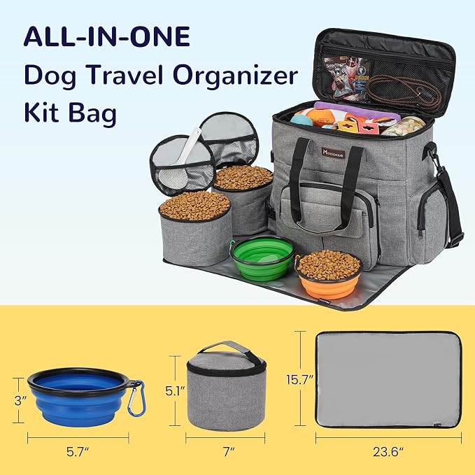 Modoker Dog Travel Organizer with 2 Collapsible Bowls for Supplies & Accessories, Airline Approved Dog Tote Pet Travel Bag with 2 Travel Food Container | Dog travel accessories set with feeding supplies, bowls, mat, and strap. Ideal for weekend trips.