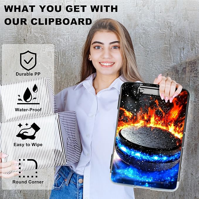 A4 Clipboard with Storage Pen Holder, Clipboards Organizer Nursing Clipboard Foldable File Folder Plastic Clipboard Folio Clip Board for Office Work Classroom Doctor, Blue Red Flames