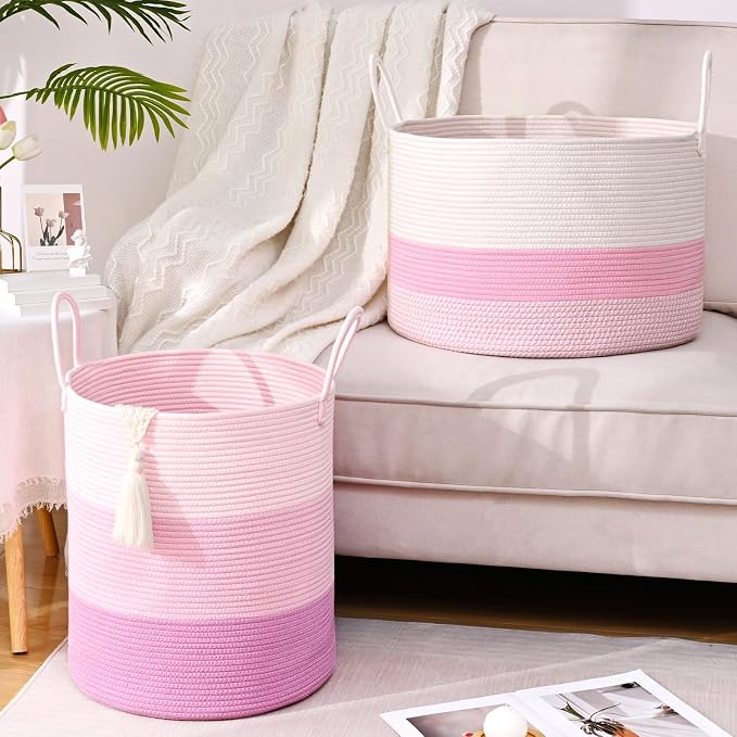 Laundry Hamper for Organizing, 52L Large Laundry Baskets, Cotton Rope Woven Blanket Basket, Collapsible Laundry Hamper for Living Room, Nursery, 15"×18", Pink