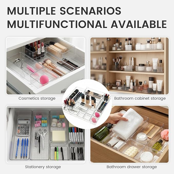 6 PCS Clear Plastic Drawer Organizer Set, 2 Sizes Acrylic Drawer Storage Trays Non Slip Storage Bins for Makeup, Jewelry, Gadgets for Kitchen, Bedroom, Bathroom, Office