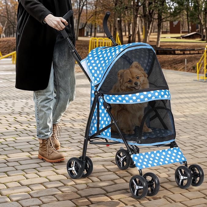 Magshion Compact Fold Pet Travel Stroller for Small Dogs Cats | Up to 22lbs, 4-Wheel Lightweight Umbrella Shaped Design, Safety Tethers, Breathable Mesh, Cup Holder & Rear Storage
