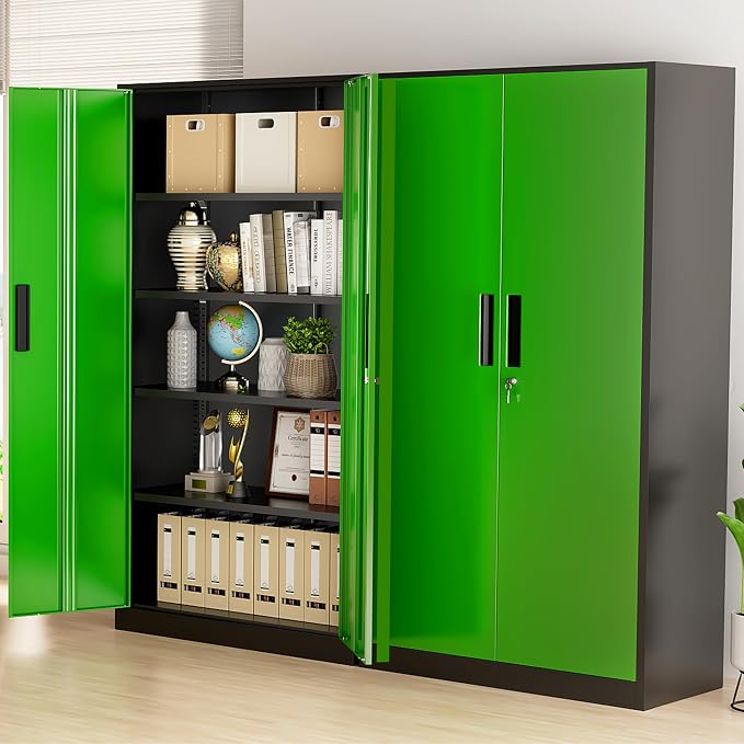 Greenvelly Metal Storage Cabinet with Doors and Shelves, 72" Inch Locking Metal Cabinet,Garage Storage Cabinet for Garage Office School Warehouse (Black Green)