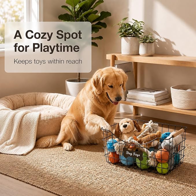 Dog Toy Basket, Metal Dog Toy Bin with Wooden Handles | Sturdy Wire Pet Storage Basket Organizer for Dog Toys, Leashes, Treats, Blankets and Grooming Supplies-14 x 9.4 x 6.6 in