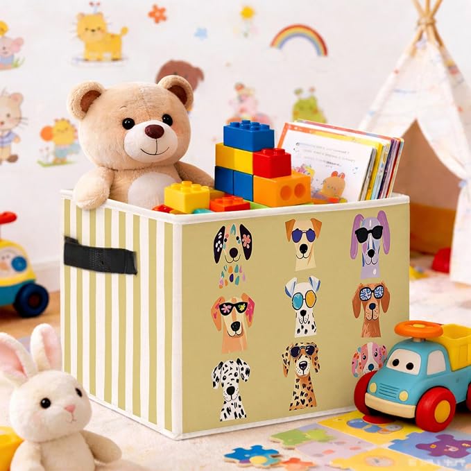 Dog Storage Bin, Puppy Sunglasses Yellow Green Stripe Fabric Basket | Foldable collapsible fabric organizer for nursery, playroom, toys, books, clothes