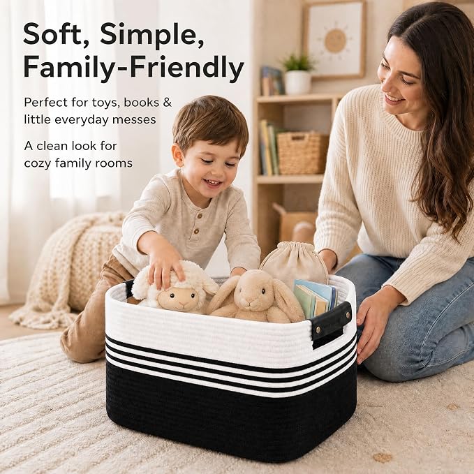 Cotton Rope Laundry Basket Medium, 15.4GAL Collapsible Woven Storage Baskets for Living Room Kids Toys Stuffed Animal,Boho Rectangular Decorative Short Hamper for Dirty Clothes, Blankets White Black