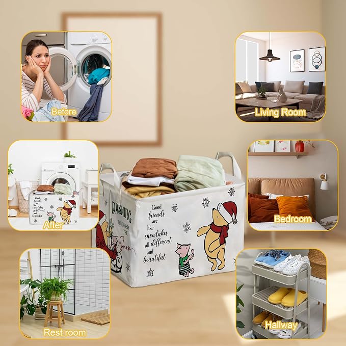 Winnie Theme Christmas Nursery Decor,the Pooh Christmas Gift,Large Canvas Laundry,Hamper Winnie Baby Stuff with A Waterproof PE Coating,Foldable Toys Bin