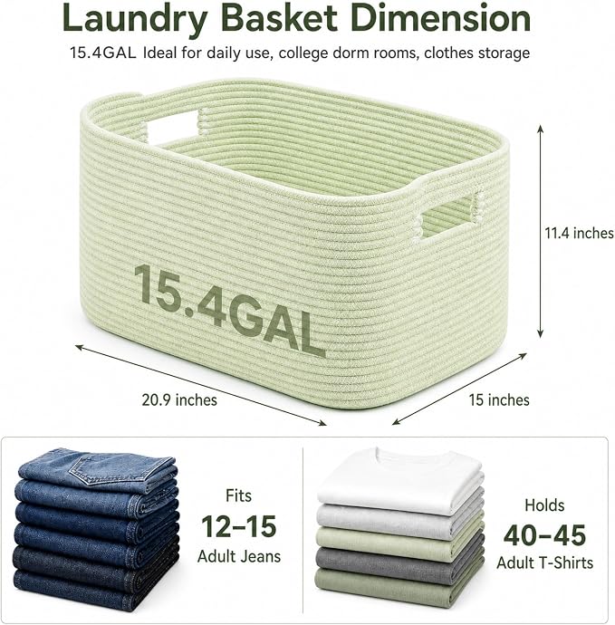 15.4GAL Woven Laundry Basket for Kids, Cute Boho Square storage basket for Living Room Decor, Baby Girls Boys Toys Stuffed Animal Decorative Short Hamper for Dirty Clothes, Bath Towel Sage Green