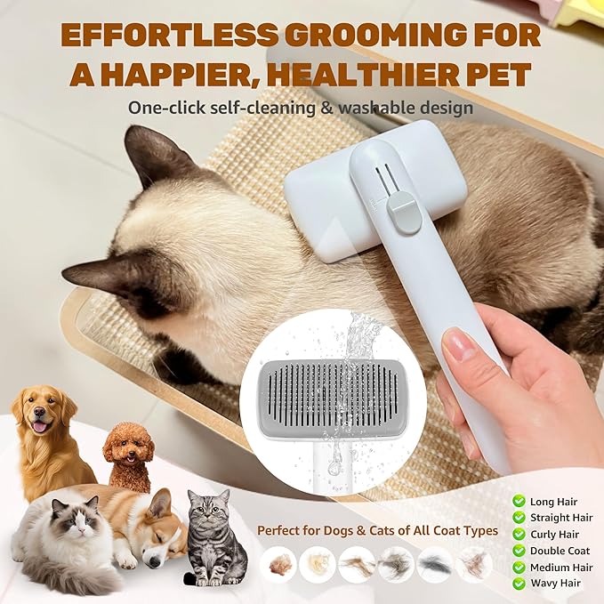 Self Cleaning Slicker Brush for Dogs Cats, One Click Hair Removal, Deshedding Brush for Long Short Haired Pets, Reduce Shedding & Remove Mats - White