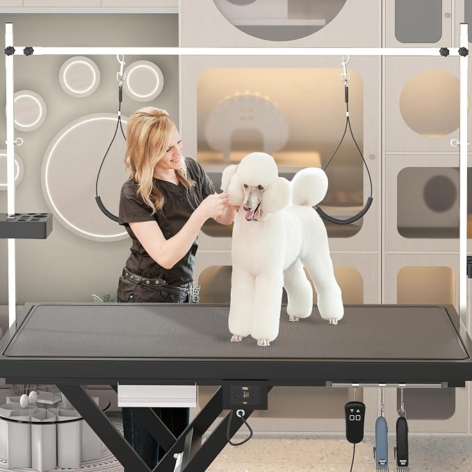 Electric Dog Grooming Table for Large Dogs - Professional Heavy Duty Height Adjustable Home Indoor Pet Grooming Station with Grooming Arm, Anti Slip Tabletop & Tool Organizer, 50''/Black