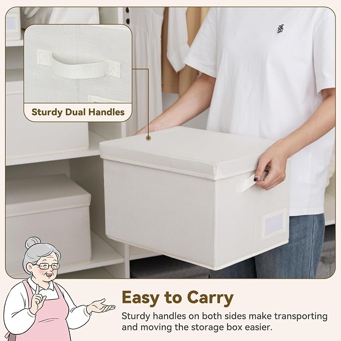 GRANNY SAYS Storage Bins with Lids, Decorative Storage Boxes with Lids | Storage Box with Dust Cover, Handles & Lable, Collapsible, Ideal for Closet Clothes Blanket Toys, Large, Ivory, 3-Pack