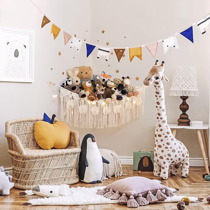 Macrame Stuffed Animal Storage with Star Light, Corner Hammock for Nursery | Corner Hanging Stuffed Animal Net Organizer for Girls' Room, Plushies Toy Wall Hanging Display Holder, Kid Gift