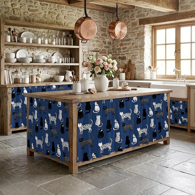 Cat Animal Cabinet Curtain 28"Wx51"L,Dustproof Storage Cabinet Curtain with Self Adhesive Tape,Navy Blue Earthy Tone Vintage Pet Modern Tall Pantry Cover Drape for Kitchen,Laundry Room,Utility Closet