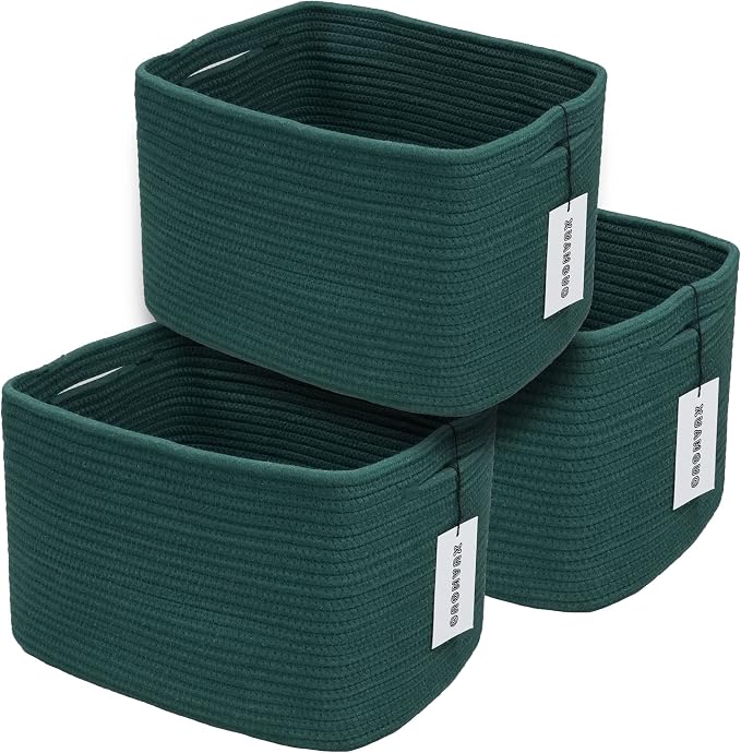 XUANGUO Woven Cotton Rope Storage Baskets 15x10x9.3" 3 Pack Dark Green | Decorative rectangular storage baskets for shelves and closets; storage bins organize clothes, toys, books and nursery items.