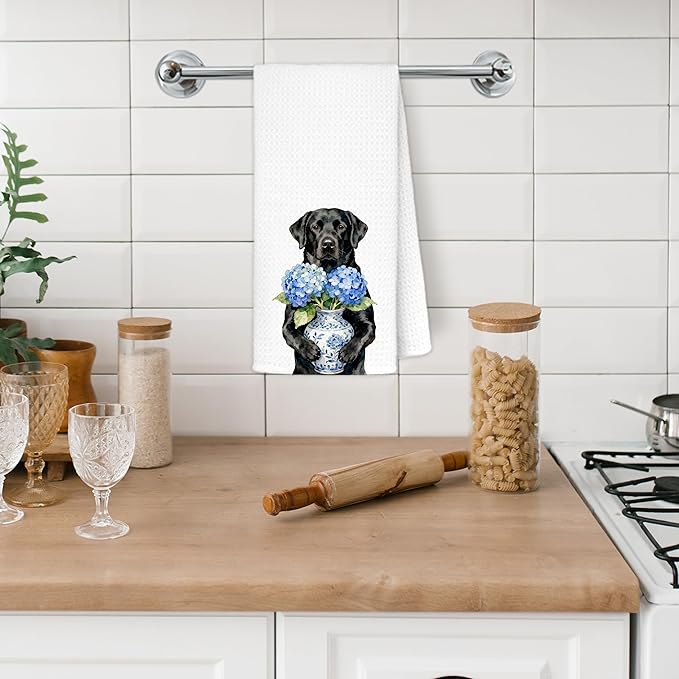 Blue Hydrangea Black Labrador Retriever Kitchen Towels, Black Lab Gifts Dish Tea Towels for Kitchen Decor, Chinoiserie Porcelain Floral Dog Decorative Hand Towel Bathroom Decor, 16x24 Inch