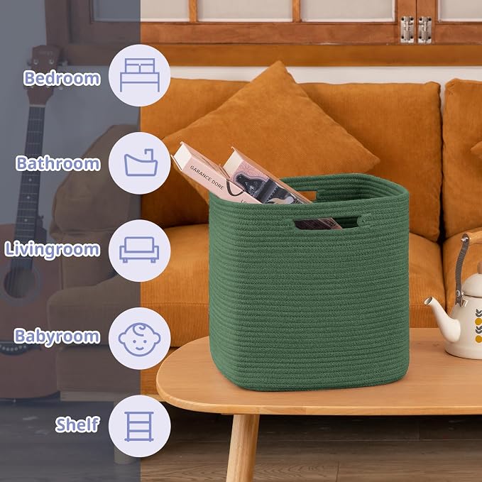 OIAHOMY 3 PACK Cube Storage Bin 13 Inch Collapsible Storage Cube Green | Cube Storage Organizer Storage Bins for Shelves Baskets for Organizing Woven Rope Storage Baskets