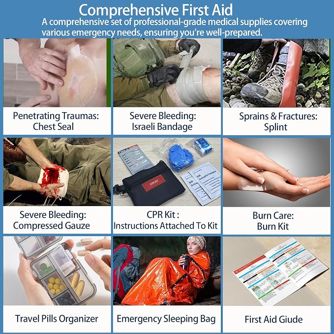 Besst Survivor 401 Pieces First Aid Kit with 2 Chest Seals & Israeli Bandage -Waterproof, Expandable Trauma Bag for Home, Car, Camping, Outdoor Emergency (Labeled Compartments, MOLLE Mountable)