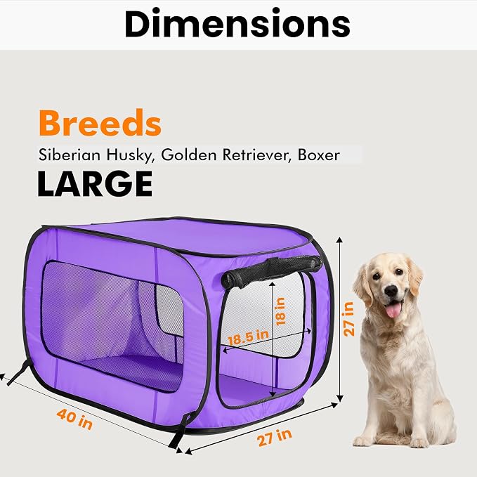 Portable Collapsible Pop Up Kennel, 40" L x 27" W x 27" H, Purple | Collapsible indoor/outdoor travel cat and dog crate with mesh screen windows pops up and folds flat for easy storage