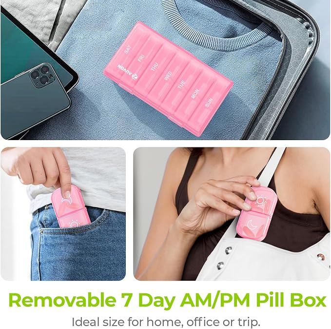 AUVON Weekly Pill Organizer 2 Times a Day, One-Sided Opening, Easy to Use | AM PM Pill Case, XL Pill Box 7 Day, Travel Medication Organizer for Medication, Vitamins, Fish Oils, Supplements, Sakura Pink