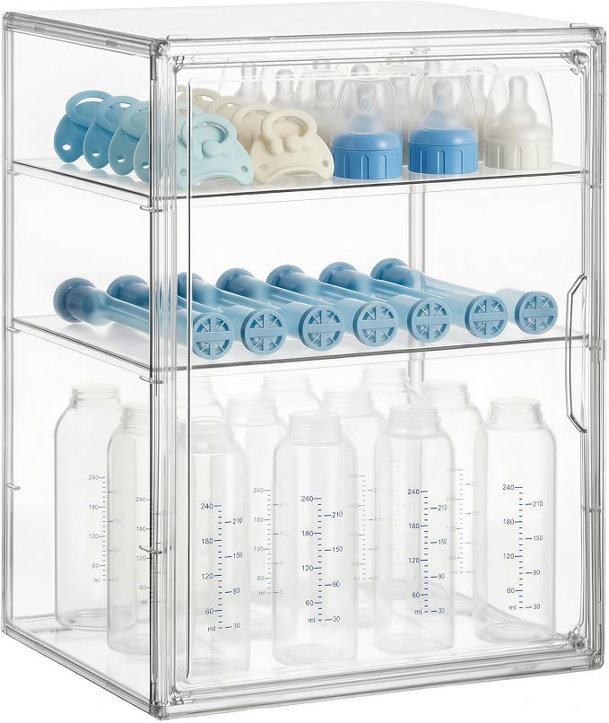 HBlife Baby Bottle Storage Organizer for Countertop Cabinet, 3 Tiers Adjustable Clear Acrylic Bottles Storage Station Case Box Container with 2 Removable Dividers and Magnetic Door, Large