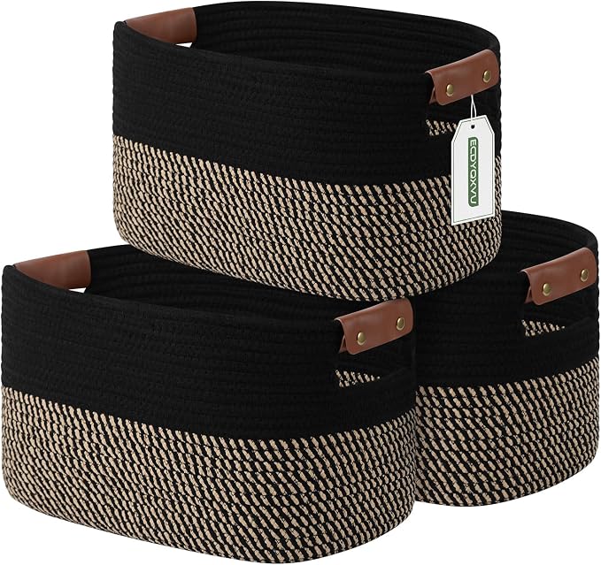 ECDYQXVU 15x10x9 Woven Cotton Rope Storage Basket, Leather Handles 3 Pack | Foldable Design, Sturdy PU Handles, Easy to Clean Organizer for Living Room, Closet, Shelves, Bedroom, Laundry, Clothes