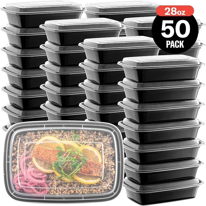 50-Pack Reusable Meal Prep Containers Microwave Safe Food Storage Containers with Lids, 28 oz - 1 Compartment Take Out Disposable Plastic Bento Lunch Box To Go, BPA Free - Dishwasher & Freezer Safe