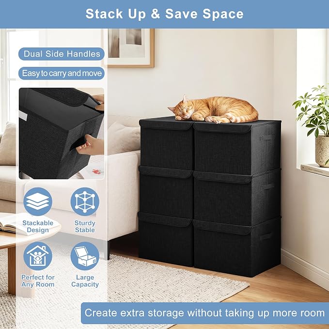 Large 22 Quart Linen Fabric Foldable Storage Bin Cube Organizer Basket with Flip-Top Lid & Handles, Clothes Blanket Box for Home, Office, Closet, Black, 4 Pack 14.6 x 9.5 x 9.5”