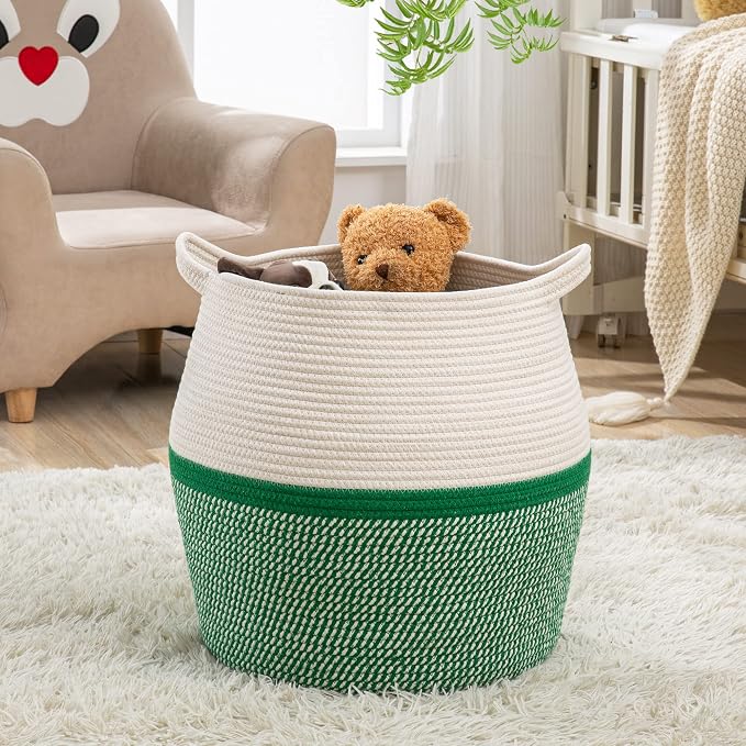 KAKAMAY Woven Baskets for Storage(17"x17"),Large Cotton Rope Woven Baby Laundry Hamper,Collapsible Laundry Basket, Blanket Basket for Organizing Living Room,Nursery,Pillows,Toy Chest(Green)